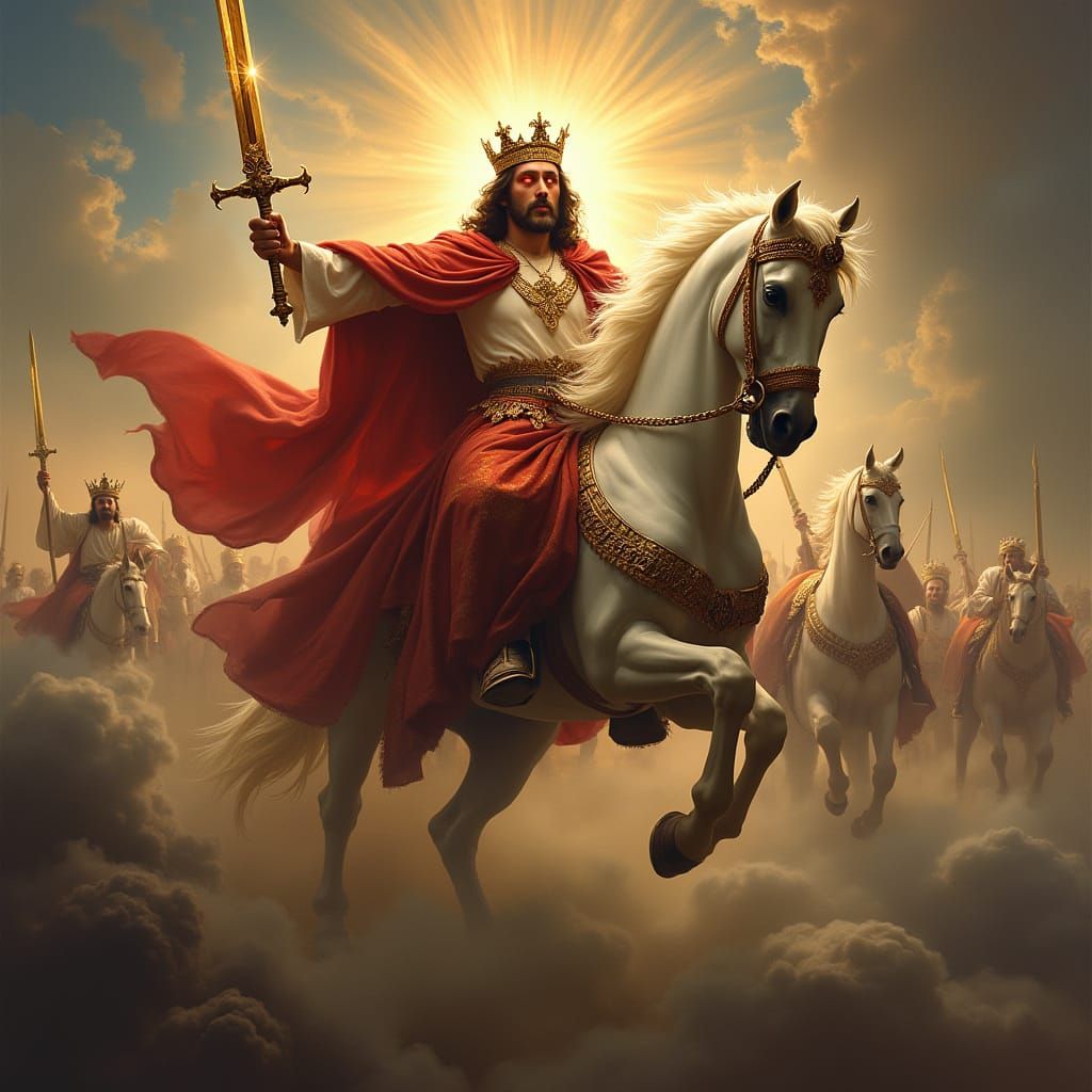 Jesus on White Horse in Clouds, Romantic Style