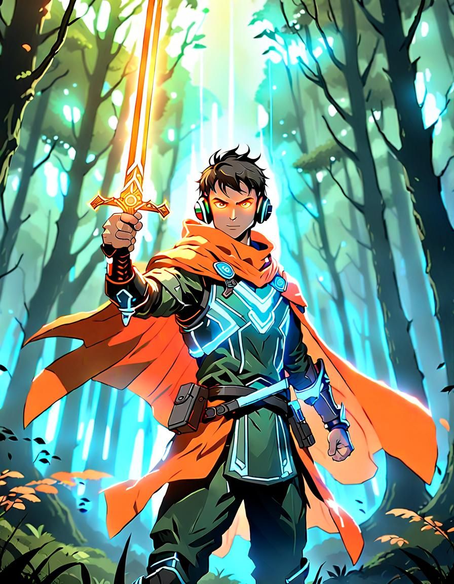 Glowing Swordsman in Forest with Neon Outlines