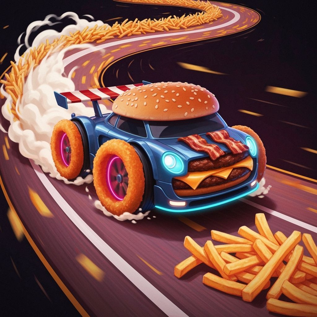 Burger Race Car on Fry Track, Vivid and Stylized