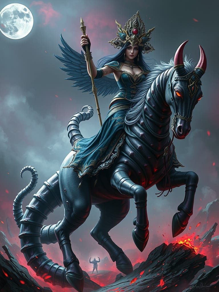 Empress Riding Eldritch Steed, Dark Fantasy Digital Art