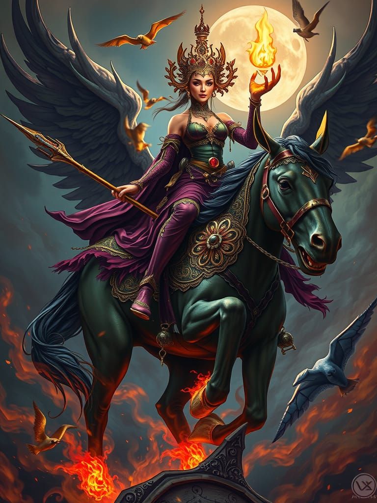 Empress Riding Crazed Horse in Dark Fantasy Style