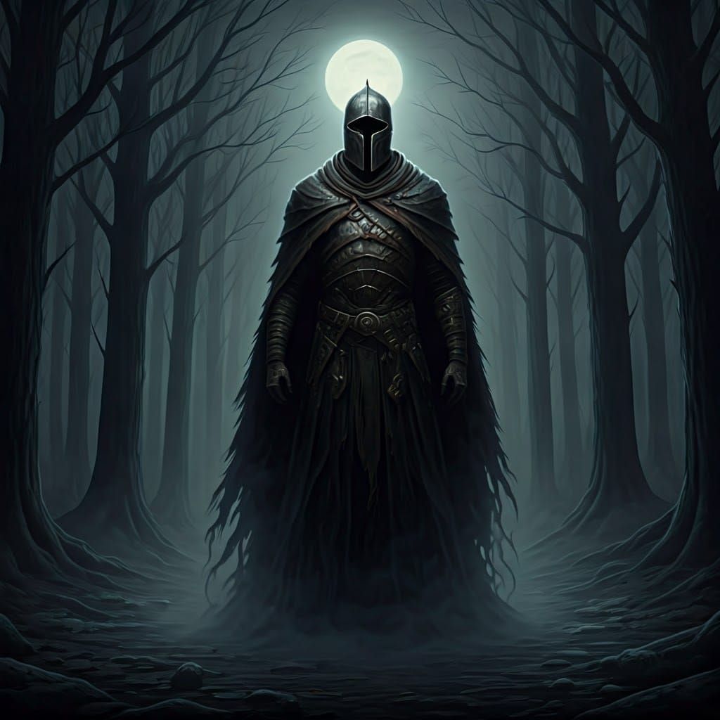 Eerie Warrior Emerging from Haunted Mist