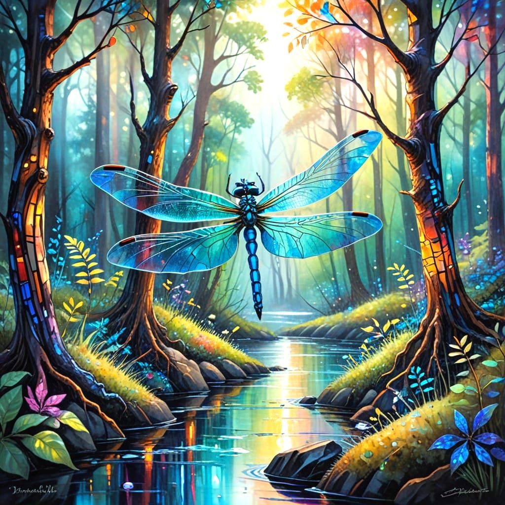 Enchanted Forest with Dragonfly in Vibrant Watercolor Expres...