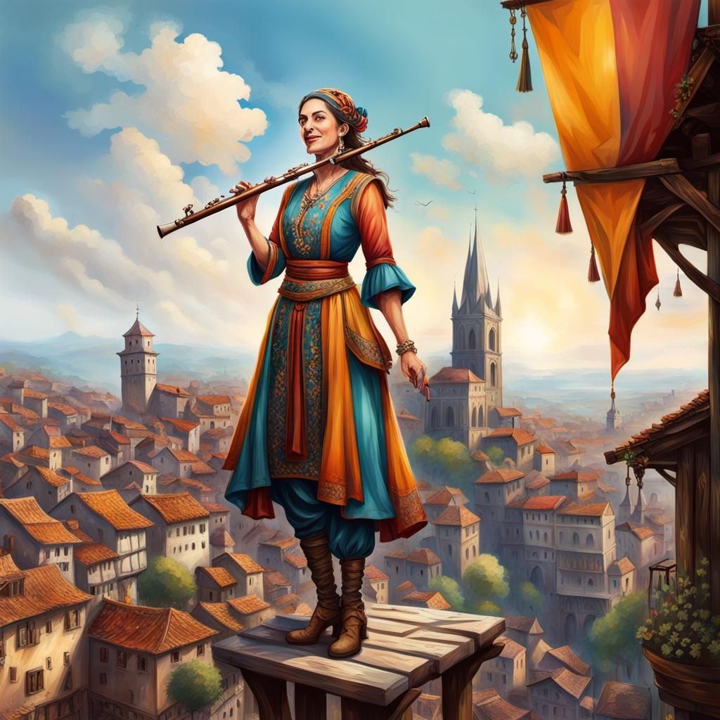 Woman on Stilts Plays Flute: Hyperrealistic Splash Art