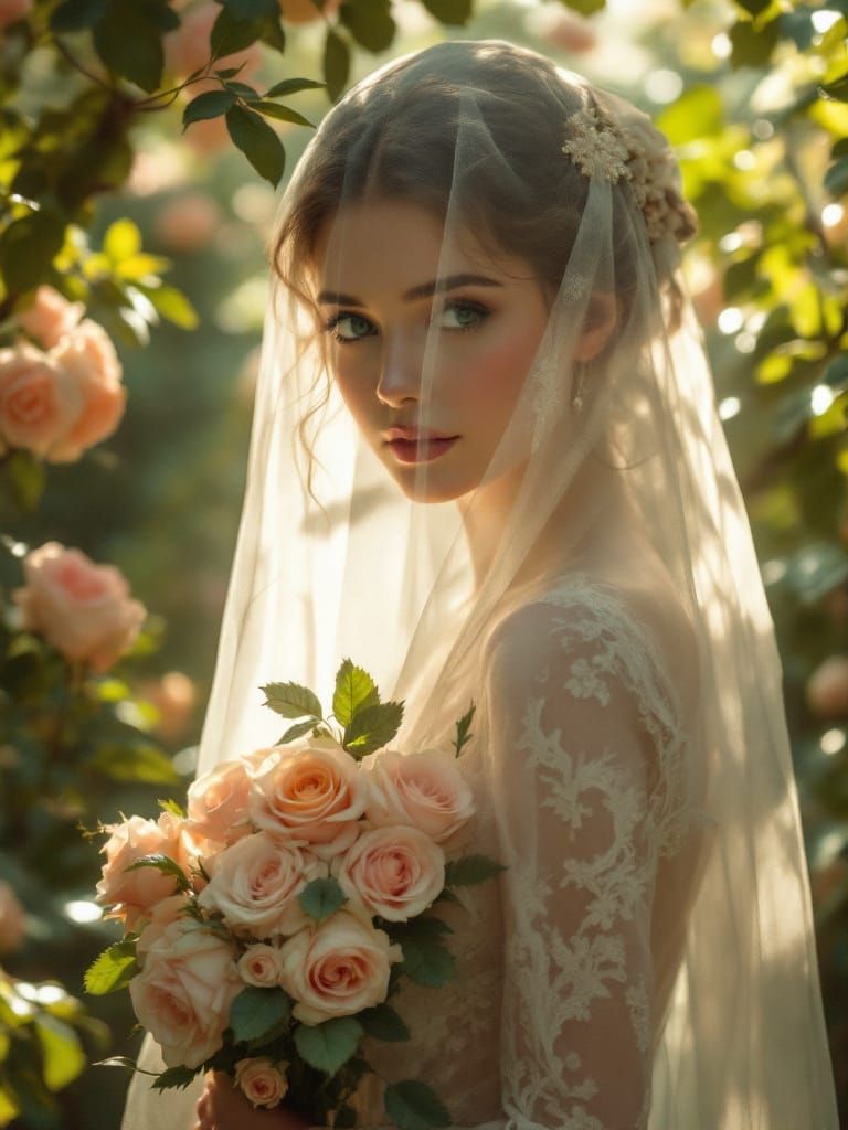Vintage Bride in Overgrown Garden with Antique Roses