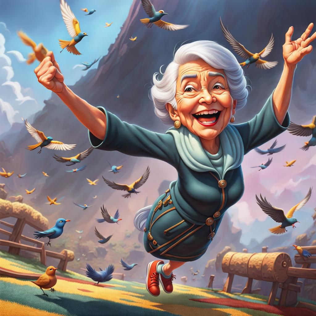 Image: Today is a beautiful day. Grandma wants to fly through the air.