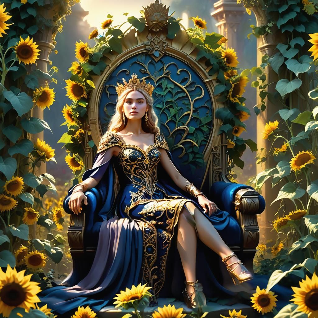 Regal Woman on Sunflower Throne: Fantasy Art