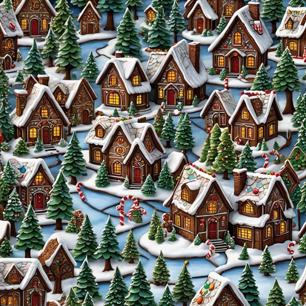 Gingerbread House in Winter Wonderland, Stained Glass Style
