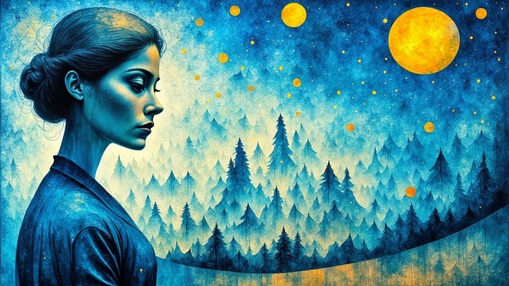 Femme en Robe Bleue dans un Ciel Bleu Dégradé, à la Manière ...