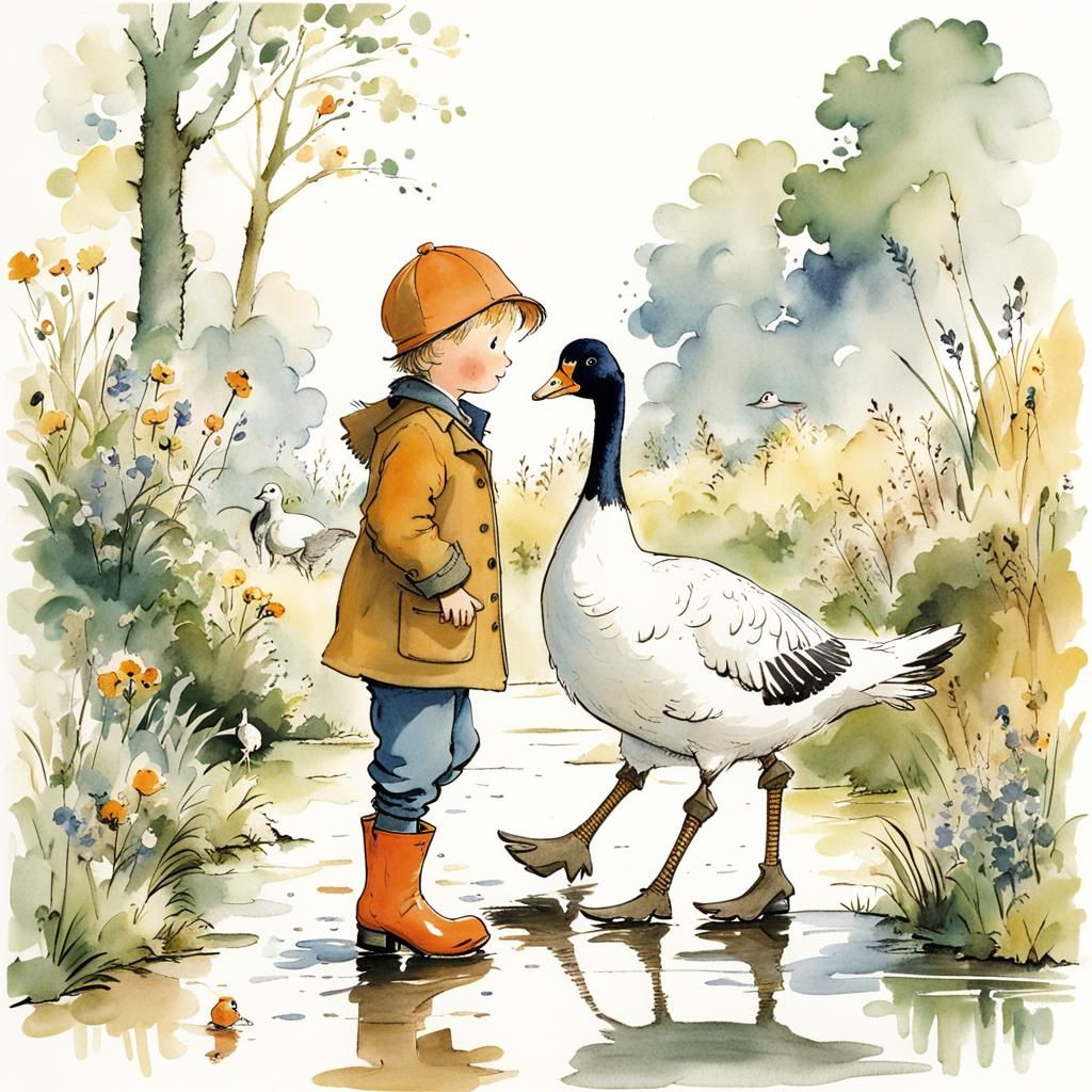 Boy and Goose Walk, Children's Book Illustration