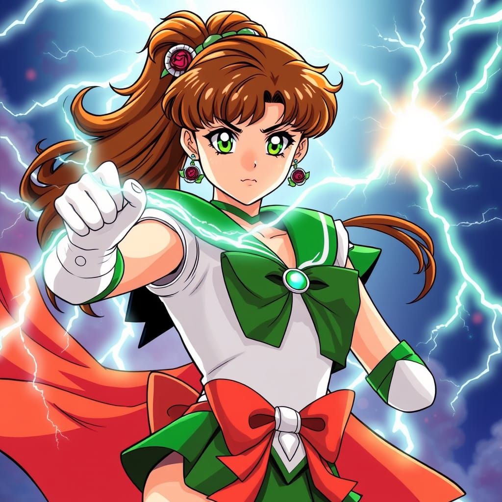 Sailor Jupiter in Confident Heroic Pose with Vibrant Green S...