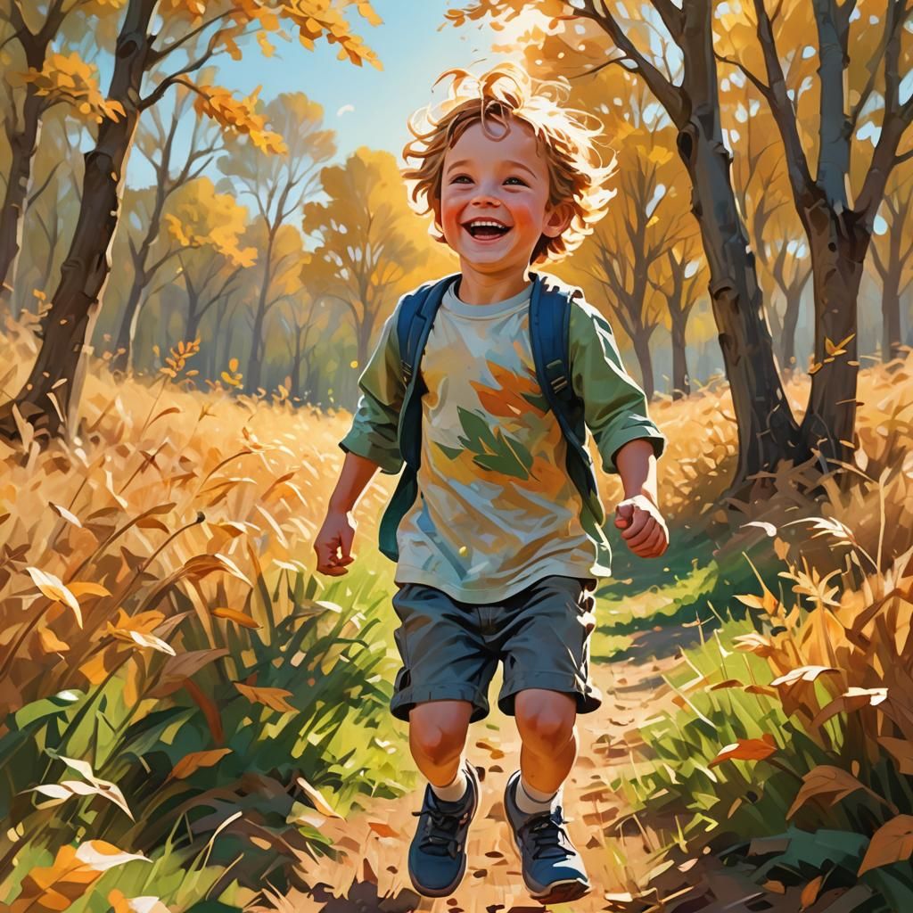 Joyful Kid Running in Sun-Drenched Field
