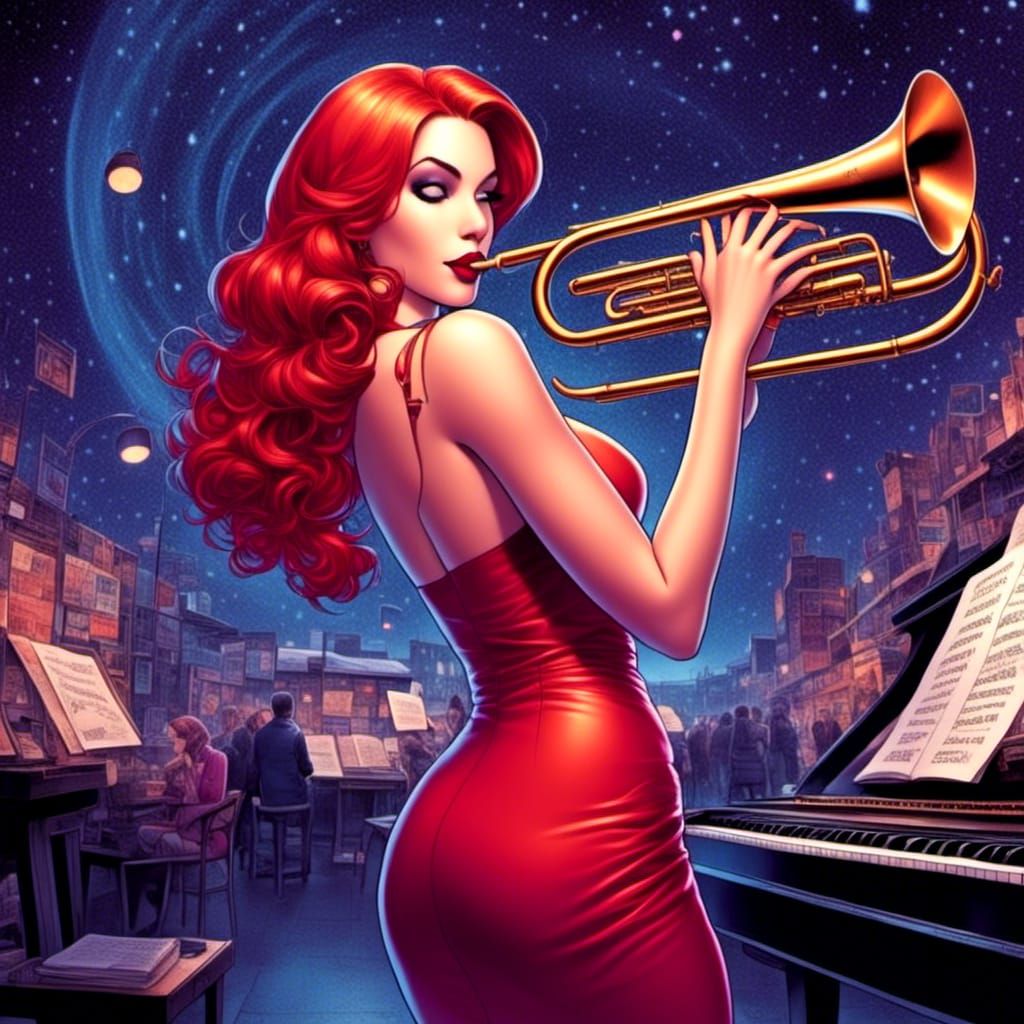 Jessica Rabbit Trombone Performance in Comic Book Art