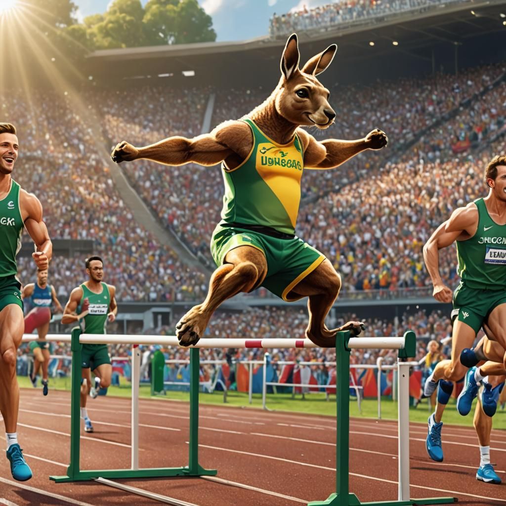 Cartoon Kangaroo Jumps Hurdle in Olympic Race