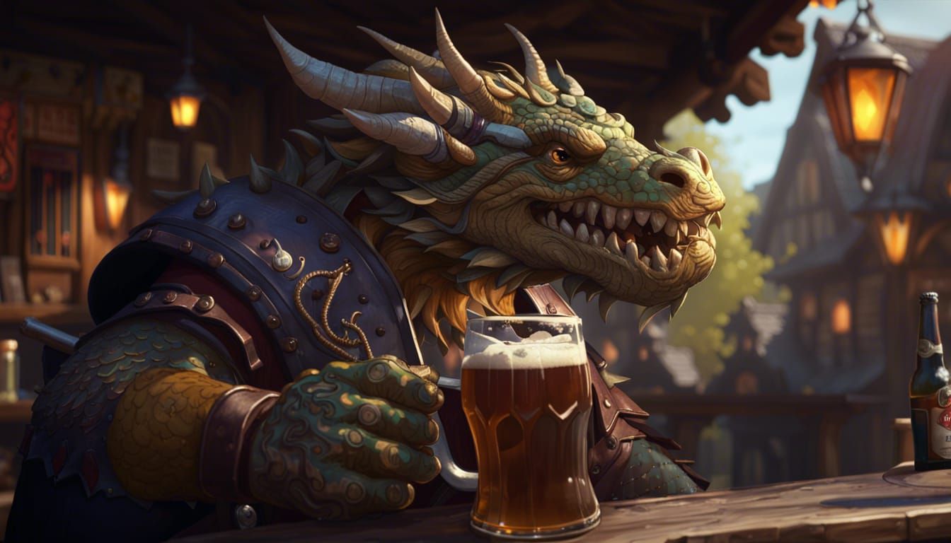 Jolly Dragon Enjoys Beer, Art Nouveau Style