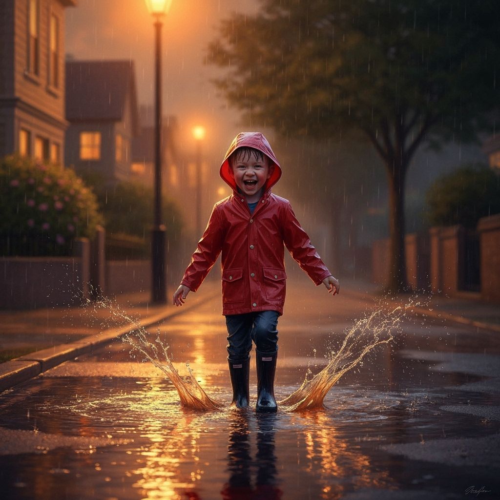 Child Splashing in Golden Rain: Dreamy Art