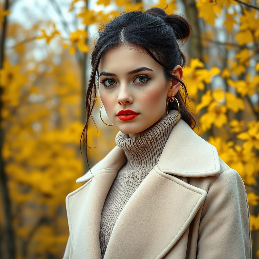 Russian Woman in Autumn Landscape, Photorealistic Oil Painti...