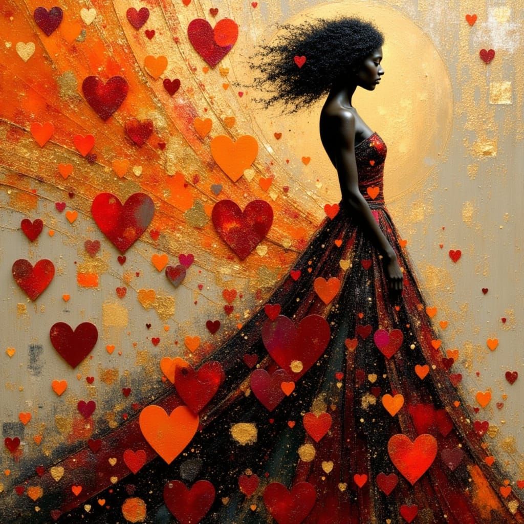 African Princess Dress Dissolves into Hearts, Encaustic Art
