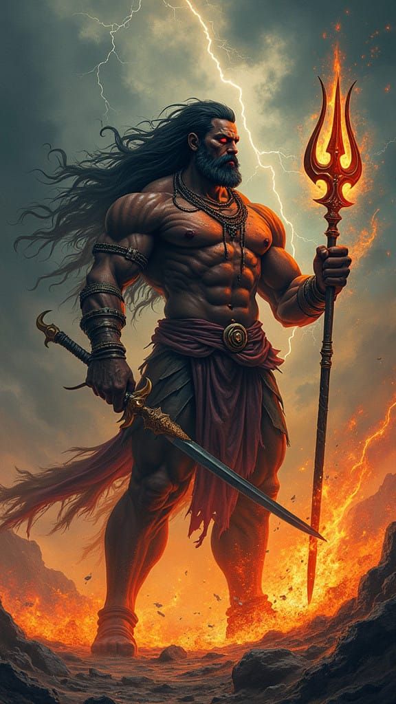 Lord Virbhadra in Madhubani-Inspired, Dark Realism Style