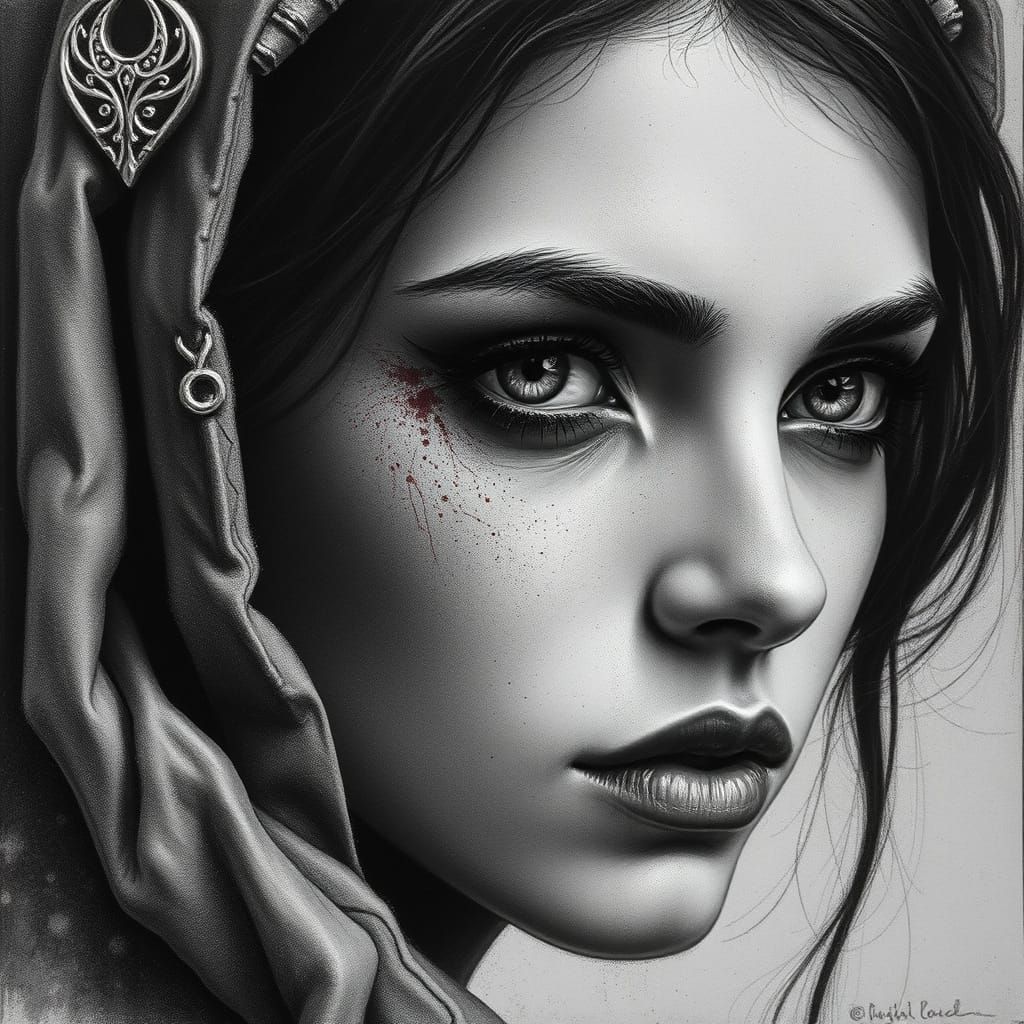 Ethereal Charcoal Portrait in Monochromatic Dreamscape