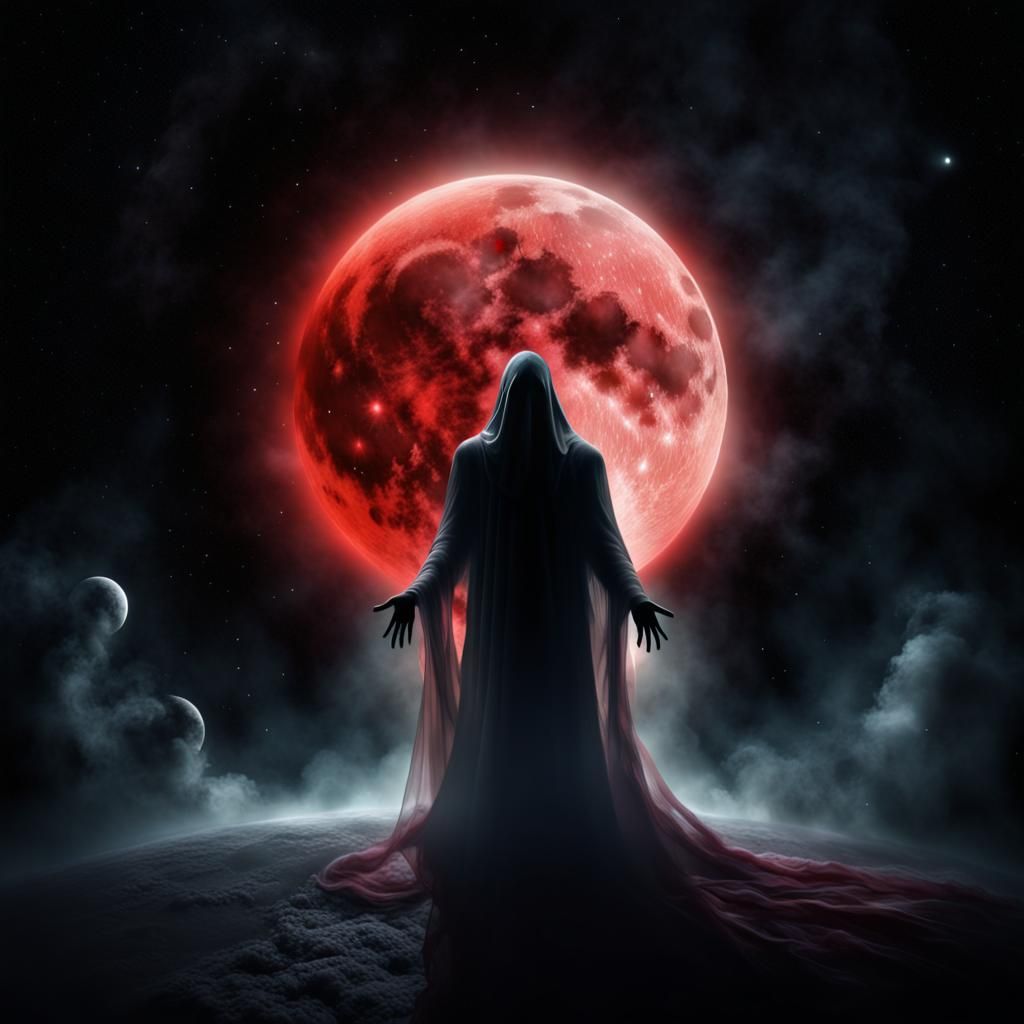 Ethereal Ghost Eclipses Red Moon in Deep Space