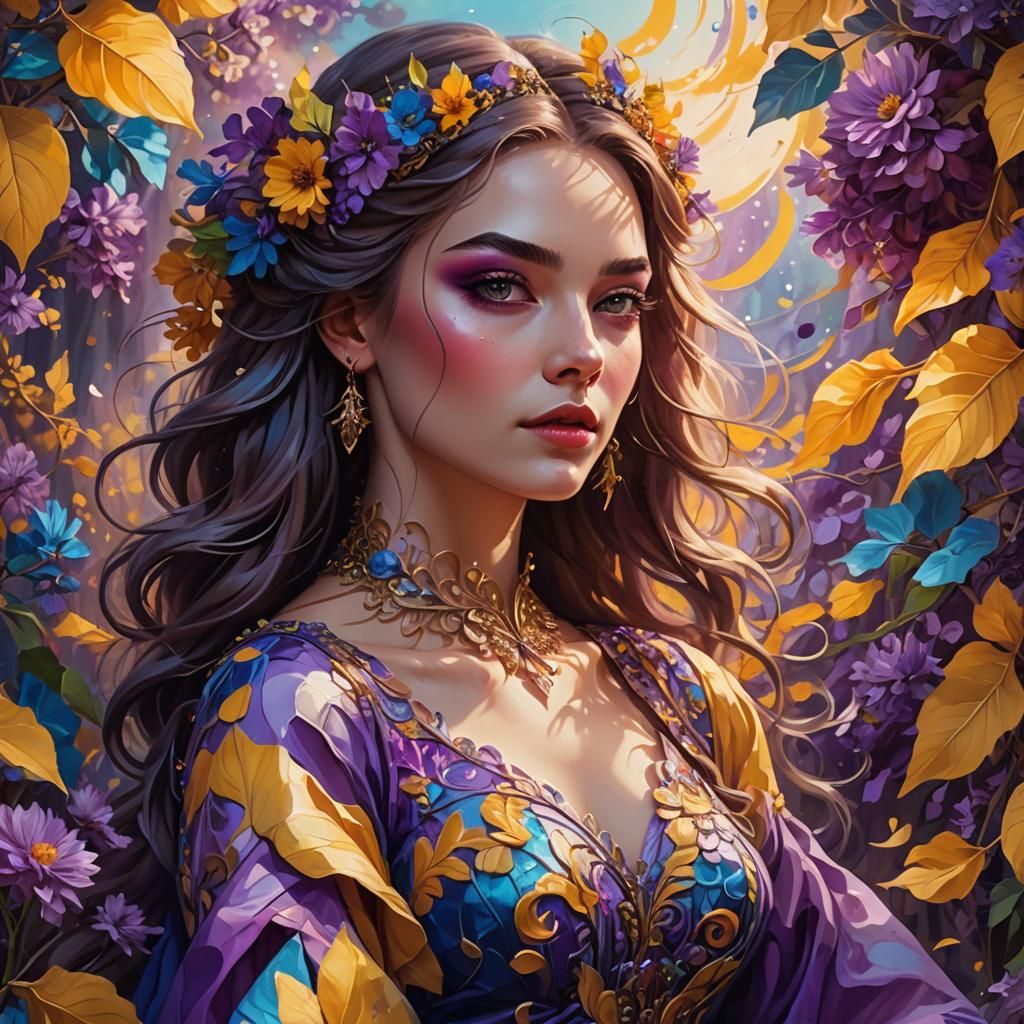 Vibrant Portrait of Woman with Swirling Floral Background