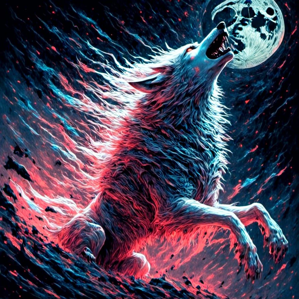 <lora:Insidious:1.0>cinematic horror manga style, a wolf with a full moon in the back Terror ground, great wolf, white w...