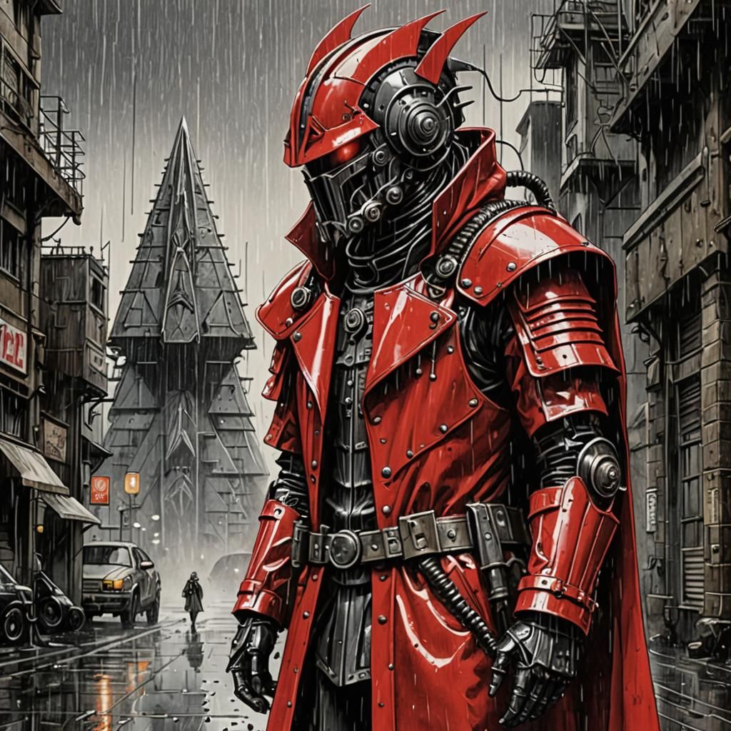 Cyborg Knight with Pyramid Helmet in Biopunk Style