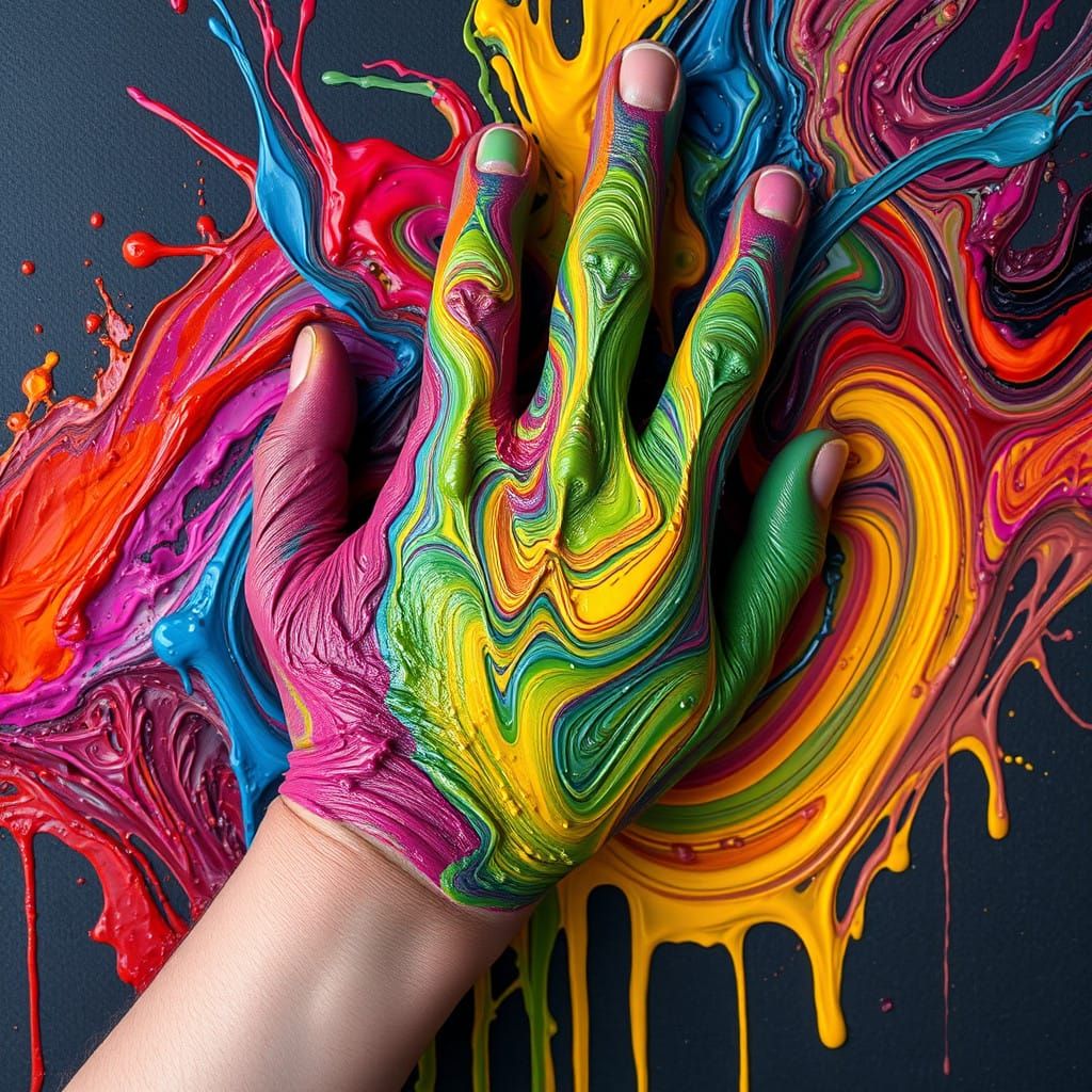 Vibrant Paint Dance on Dark Grey Canvas