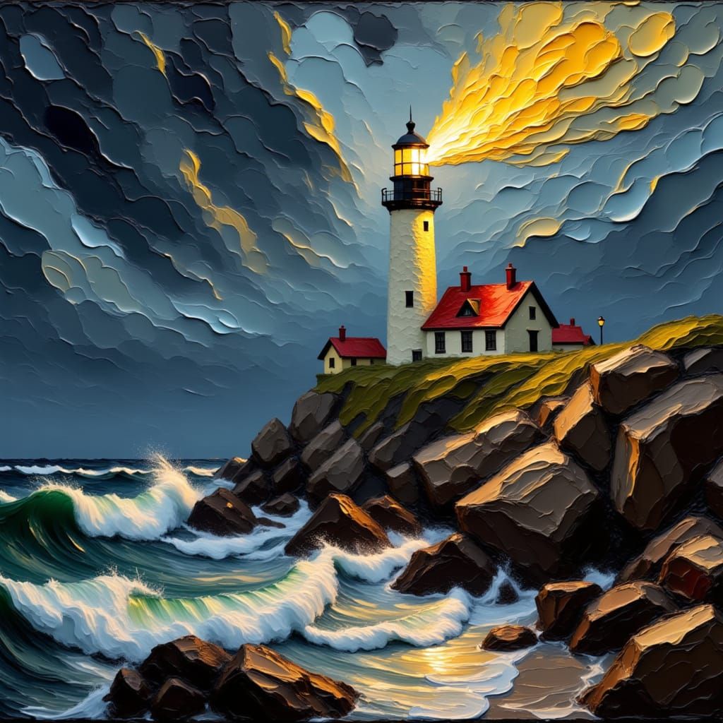 A majestic lighthouse perched on a rocky outcrop, its powerful beam illuminating a stormy sea.   The scene is captured i...