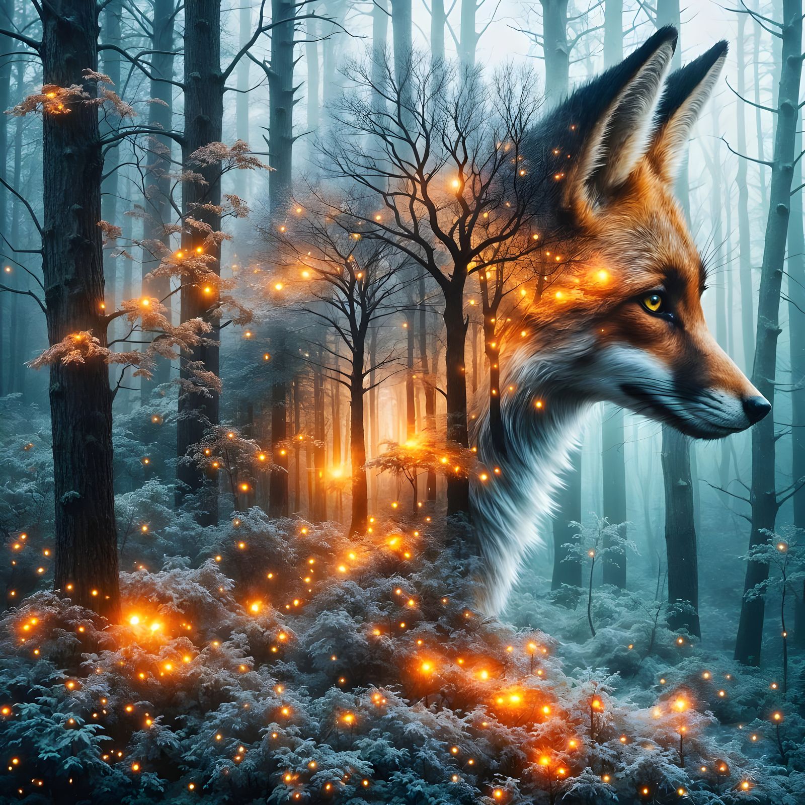 Surreal Fox Silhouette with Winter Forest in Painterly Reali...