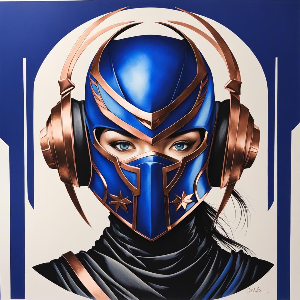 Female Ninja in Ink Wash Style with Metal Mask