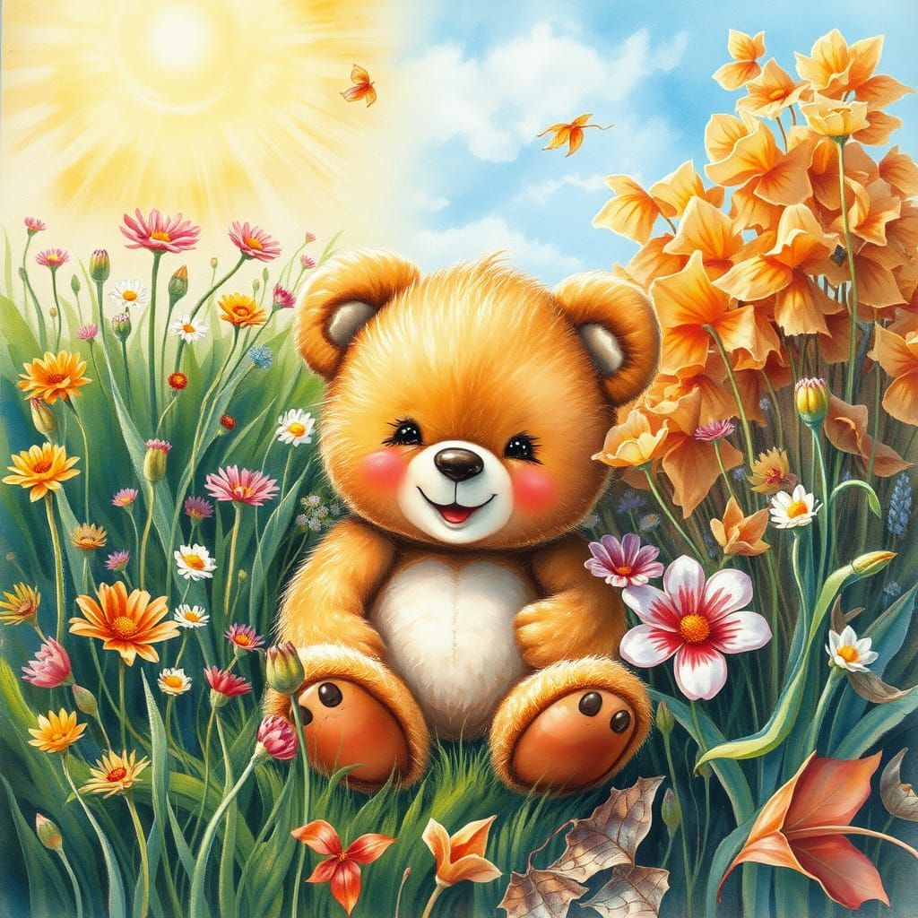 Joyful Teddy Bear in Two Seasons Field Painting