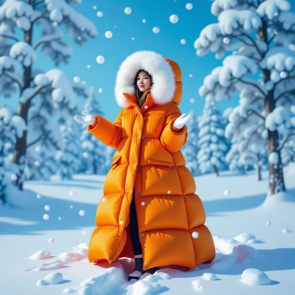 Woman in Orange Down Suit in Whimsical Style