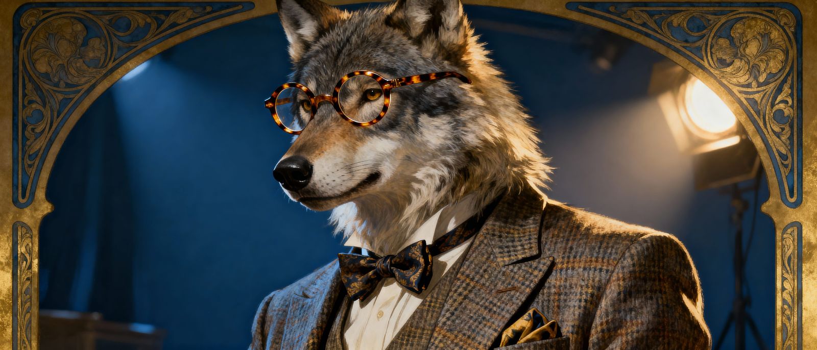 Stylish Wolf in Tweed Suit and Glasses