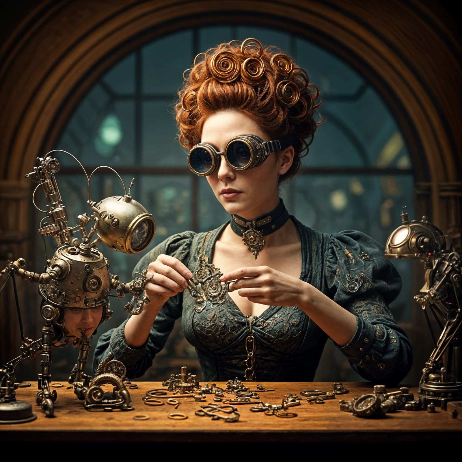 Steampunk Inventor Tinkers with Robot in Workshop