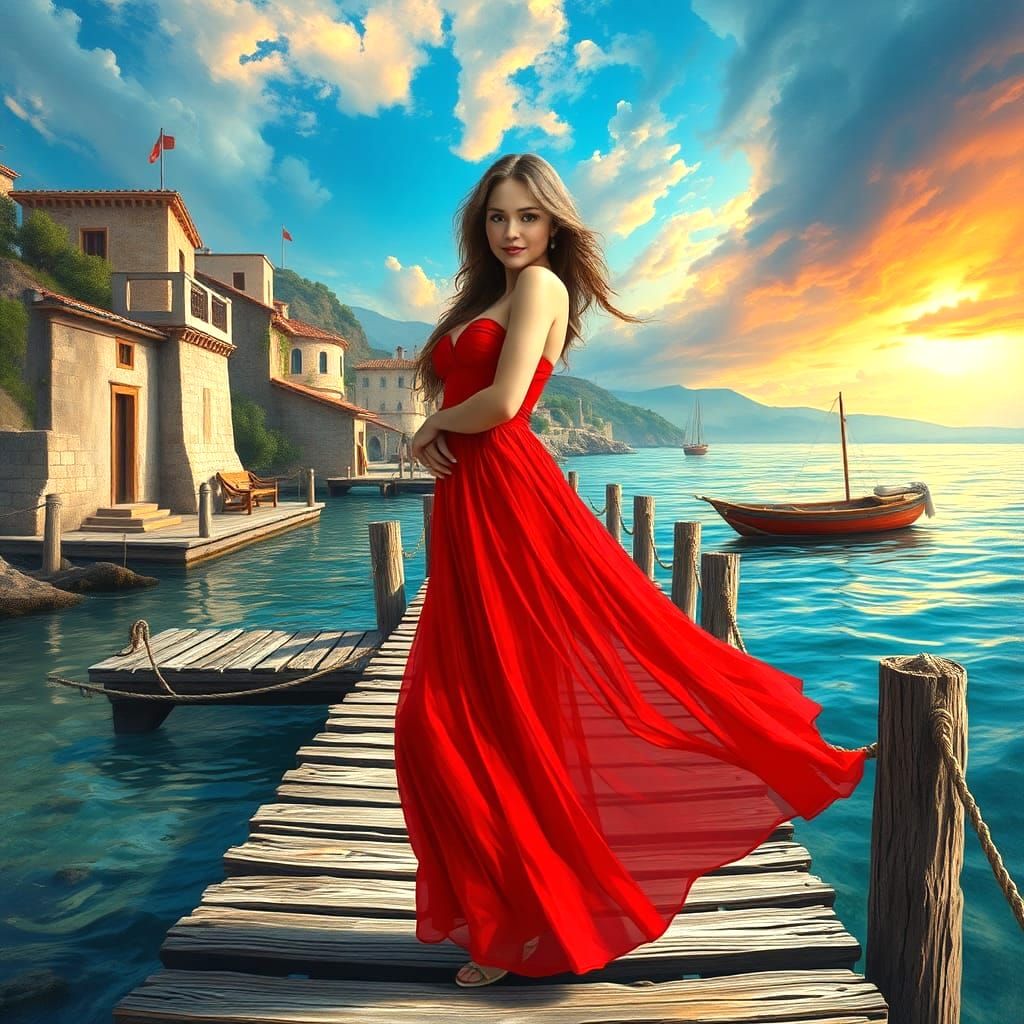 Stunning Woman in Red Dress, Greece, Fantasy Art