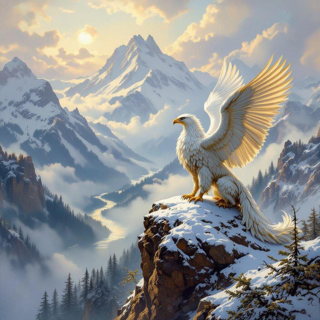 Griffin Overlooking Valley, Classical Oil Painting