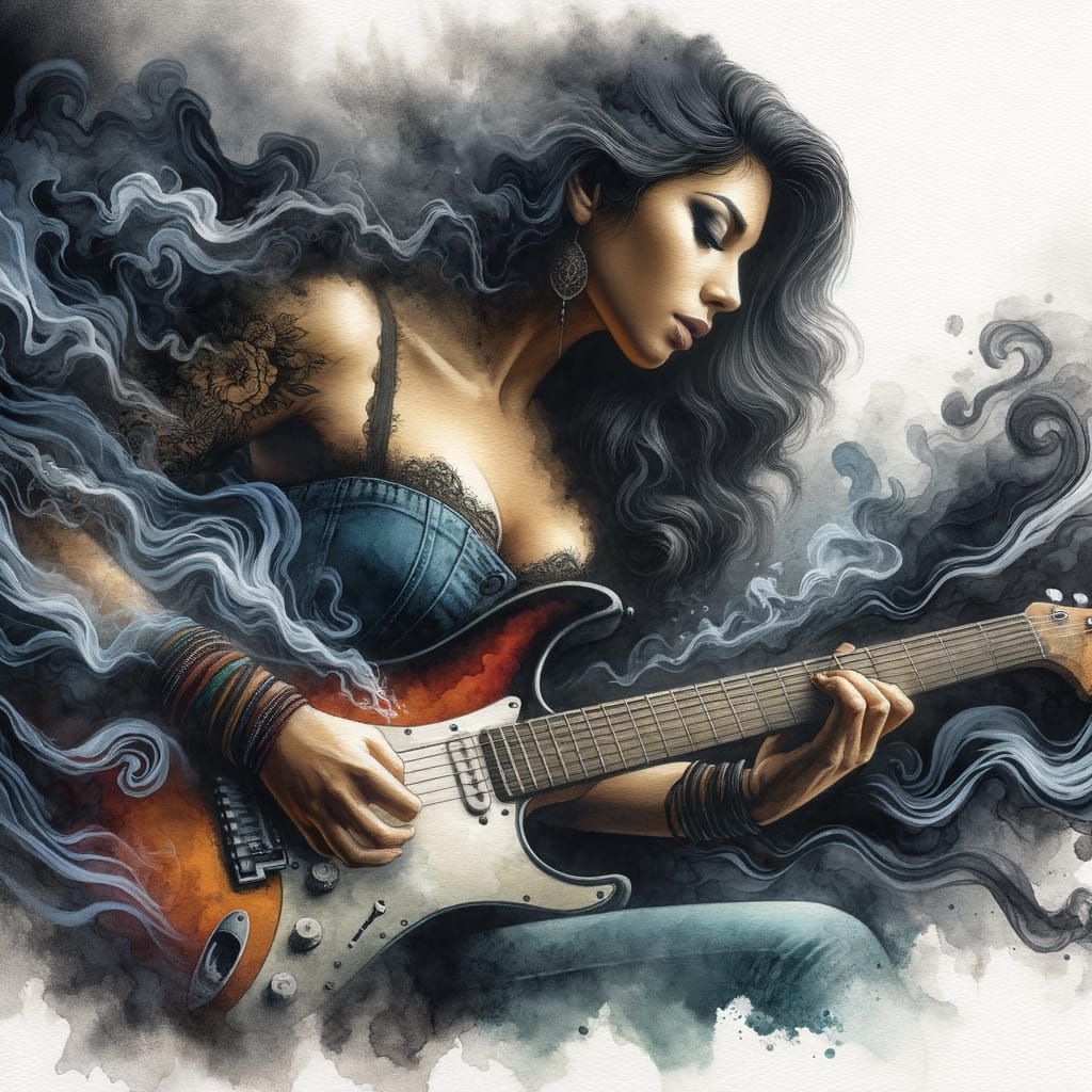 Hispanic Guitarist's Passionate Watercolor Performance