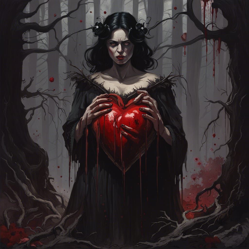Sinister Snow White in Dark Woods, Horror Art