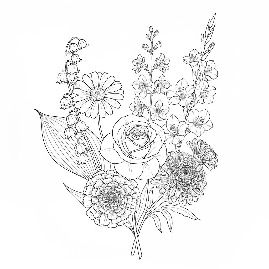 Elegant Black Line Art Flower Bouquet