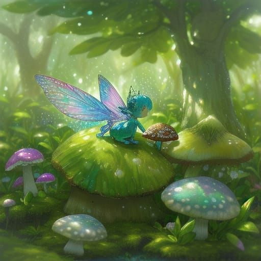 Tiny Fairy Queen on Mushroom in Whimsical Folk Art Style