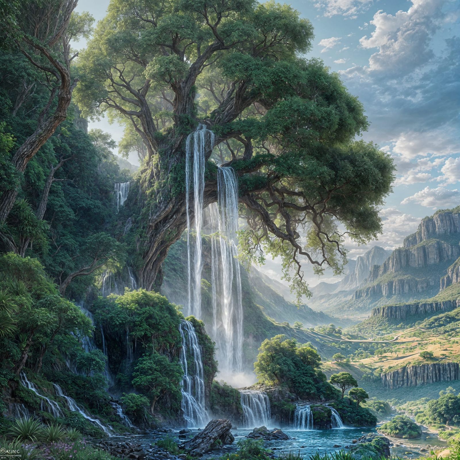 Verdant Oasis: Waterfall Tree in Desert Landscape