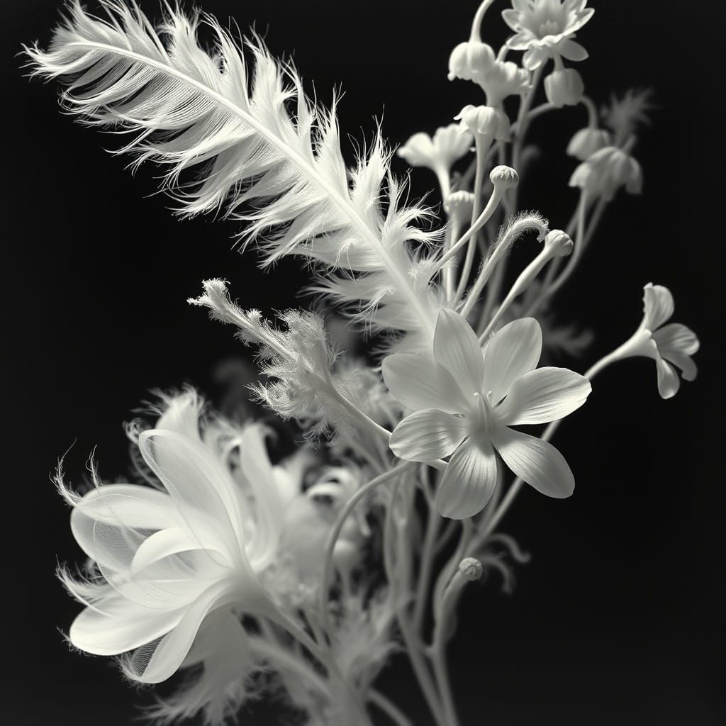Surrealist Black and White Rayograph of Delicate Feathers an...