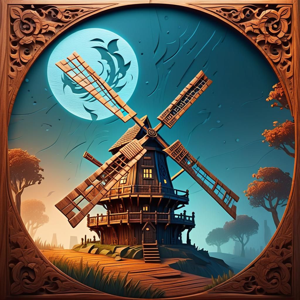 Intricate Carved Windmill in Dreamlike Landscape