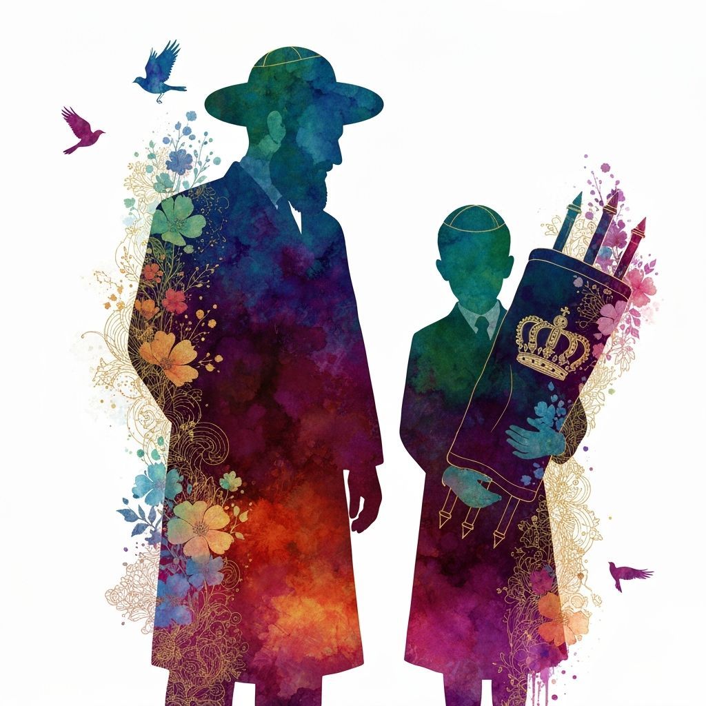 Chasidic Father and Son Double Exposure in Watercolor Style