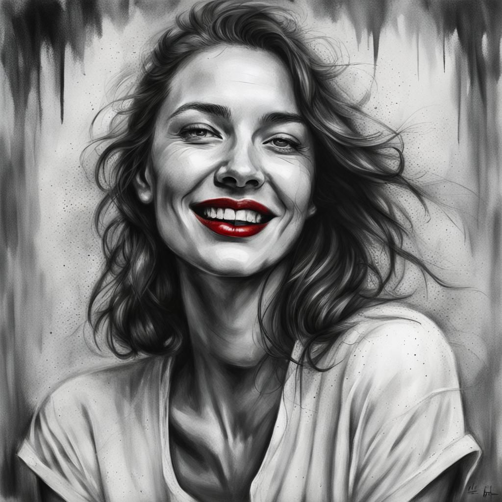 Monochrome Portrait of Smiling Woman with Red Hair