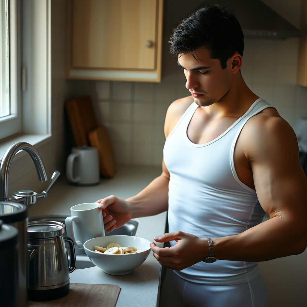 Muscular Swimmer Prepares Breakfast: Cinematic Film Still