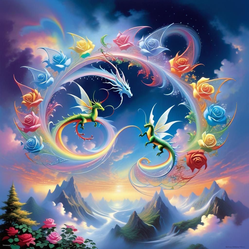Fractal Dragons and Roses in Ethereal Fantasy