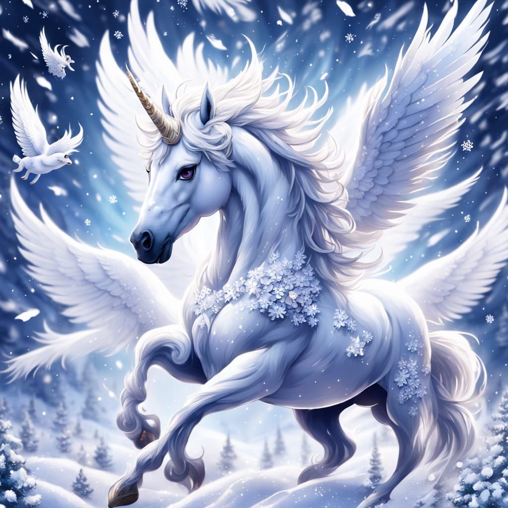 Ethereal White Alicorns in Winter Snowfall